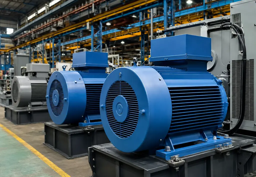 Large industrial electric motors installed in a heavy-duty manufacturing facility